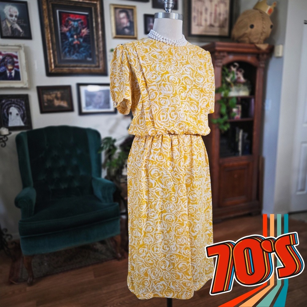 Vintage 70s Breli Yellow Rose Floral‎ Short Sleeve Midi Dress Elastic Waist